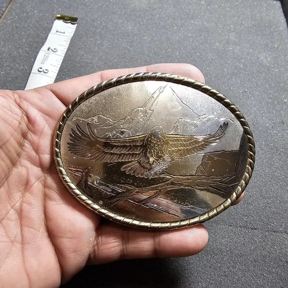 Vintage W Hall Marked Bald Eagle Holding Fish Mountains Belt Buckle Made in USA - Picture 1 of 9
